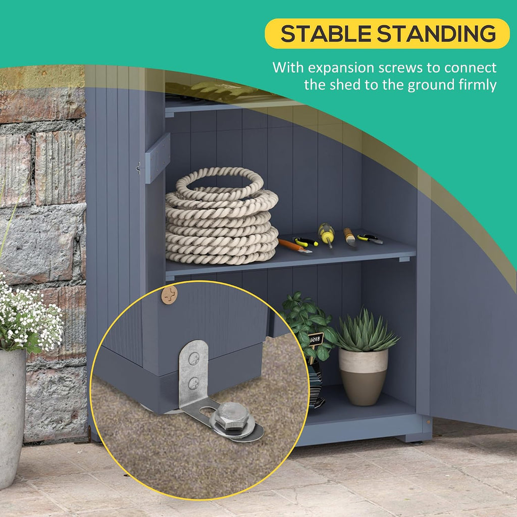 Outsunny Wooden Garden Shed, Outdoor Storage Cabinet with Waterproof Galvanized Metal Roof, Narrow Tool Shed with 3 Shelves and Lockable Door, Gray