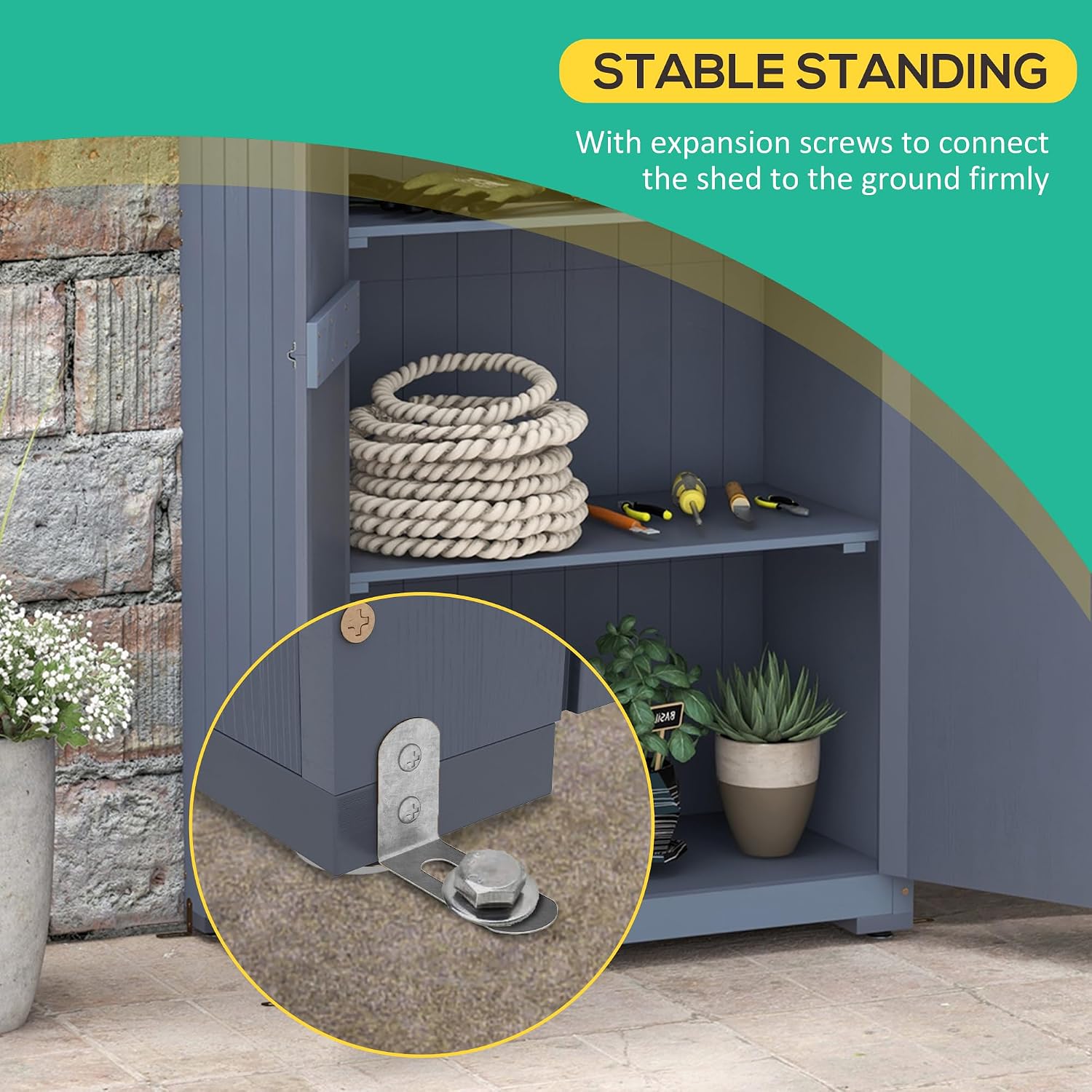 Outsunny Wooden Garden Shed, Outdoor Storage Cabinet with Waterproof Galvanized Metal Roof, Narrow Tool Shed with 3 Shelves and Lockable Door, Gray