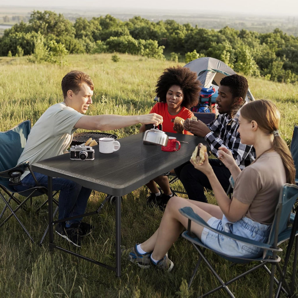 4 Ft Plastic Folding Table,Heavy Duty Portable Table for Indoor & Outdoor,Wood Grain Desktop & 350lbs Weight Capacity,Premium Solutions for Camping,Picnic,BBQ and Party