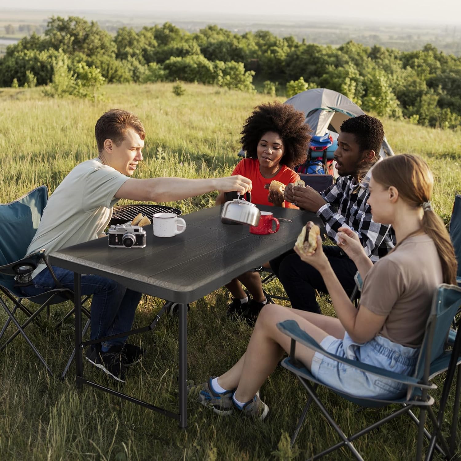 4 Ft Plastic Folding Table,Heavy Duty Portable Table for Indoor & Outdoor,Wood Grain Desktop & 350lbs Weight Capacity,Premium Solutions for Camping,Picnic,BBQ and Party