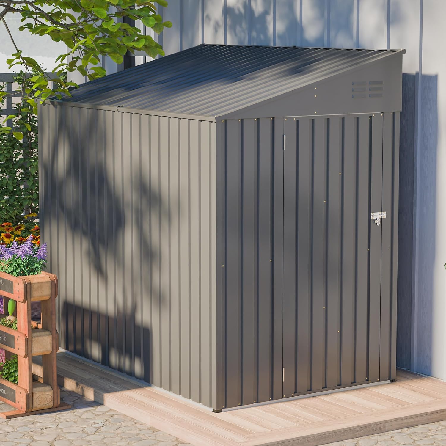 YOPTO 4×7 FT Outdoor Metal Storage Shed,Heavy-Duty Lean to Storage Shed with Lockable Door and Reinforced Beams,All Weather Waterproof Storage House W/2 Air Vents,for Backyard,Patio,Lawn,Dark Gray