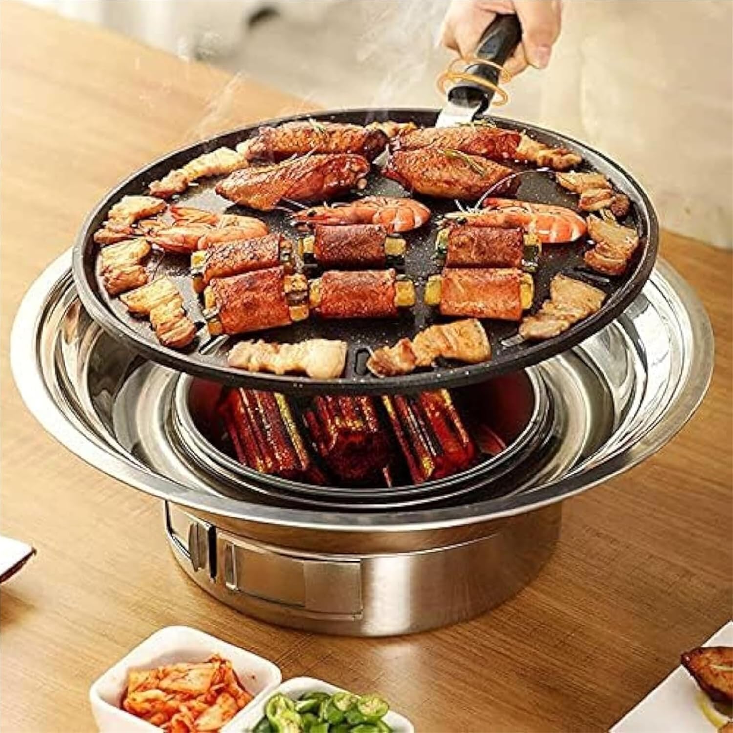 EKsma BBQ Charcoal Grill, 13.7 inch Non-Stick Stainless Steel Korean Barbecue Grill, Portable Charcoal Stove for Outdoors Camping Picnic and Indoor Party Cooking