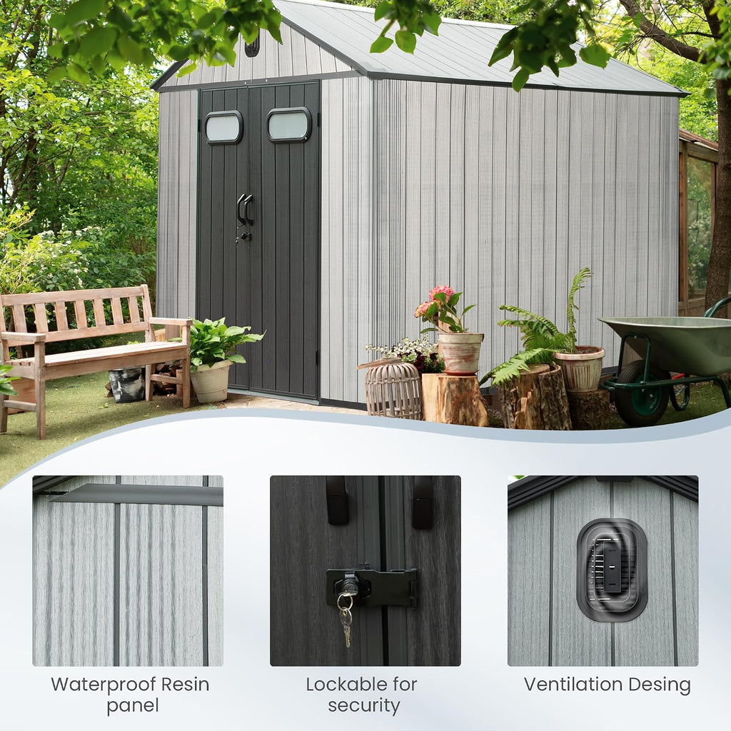 Domi 8x14 FT Outdoor Resin Storage Shed, All-Weather Double-Wall Storage Building with Lockable Doors and Ventilated Roof, Ideal for Lawn Tools, Bikes, Mowers, and Pool Equipment, Grey