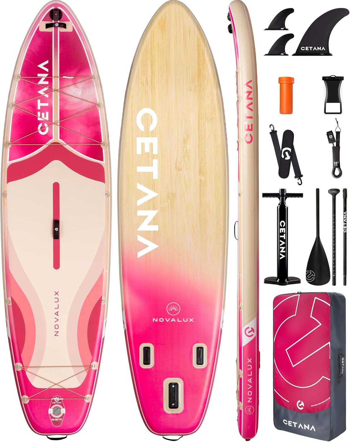 CETANA 11'6×35' Extra Wide Inflatable Paddle Board,Stand Up Paddle Board for Beginner,450lb Capacity SUP for Family with Safety Leash,3 Removable Fins,Dual-Action Pump& Floating Paddle