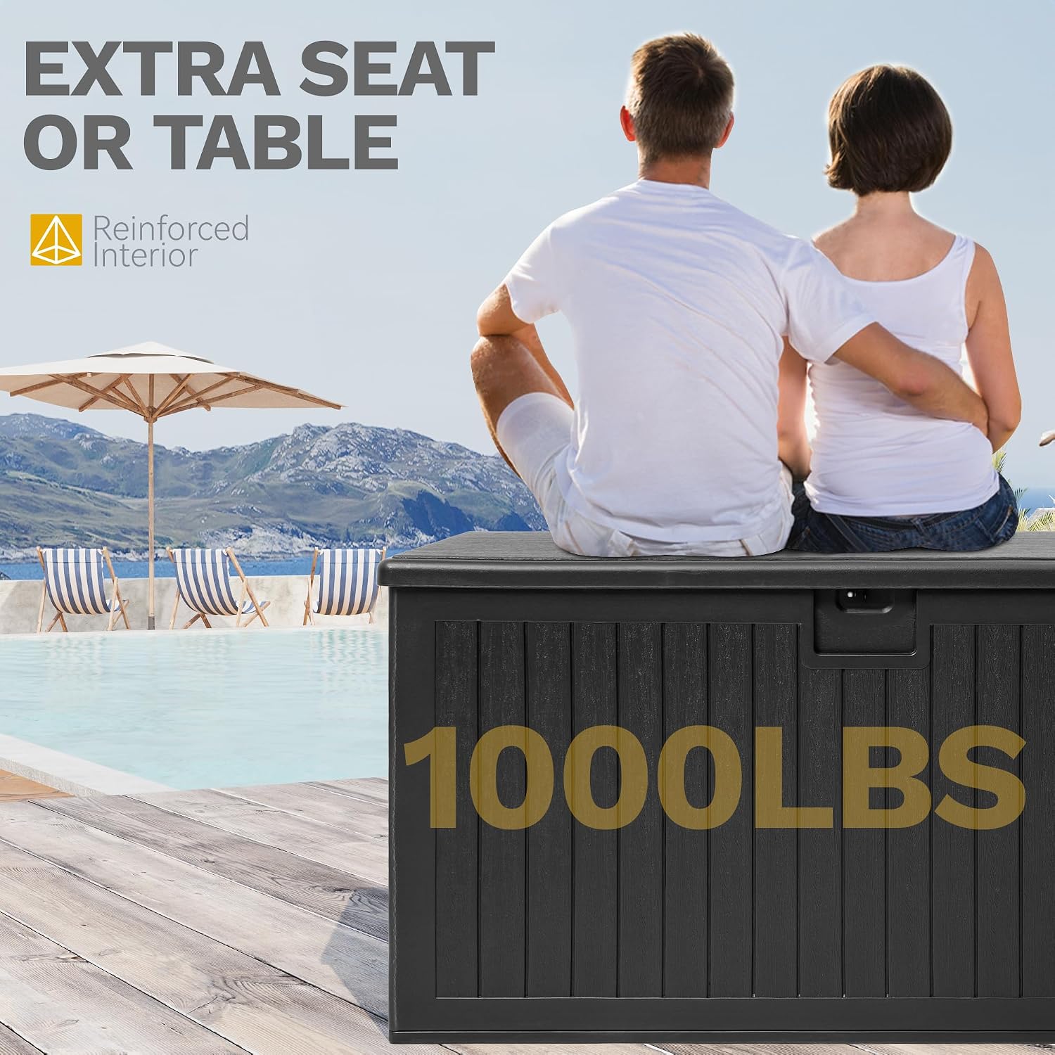 DWVO 260 Gallon Resin Outdoor Storage Box, XXL Double-Wall Waterproof Deck Box with Divider, Doubles as Table or Seating with 1000 lbs Capacity, Lockable (Black)