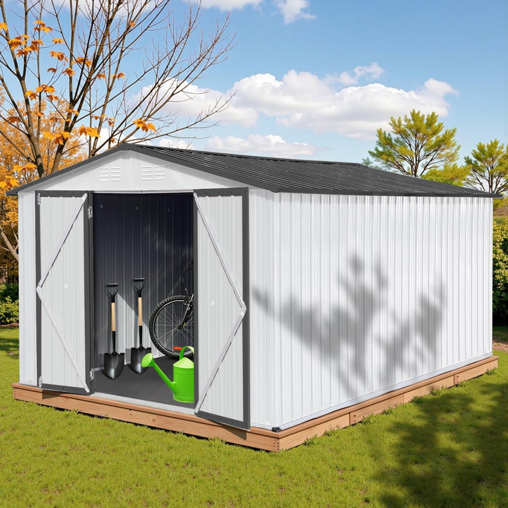 12' x 10' XL Outdoor Storage Shed, Sturdy Metal Building w/Lockable Doors for Garden, Backyard, Poolside and Lawn, White