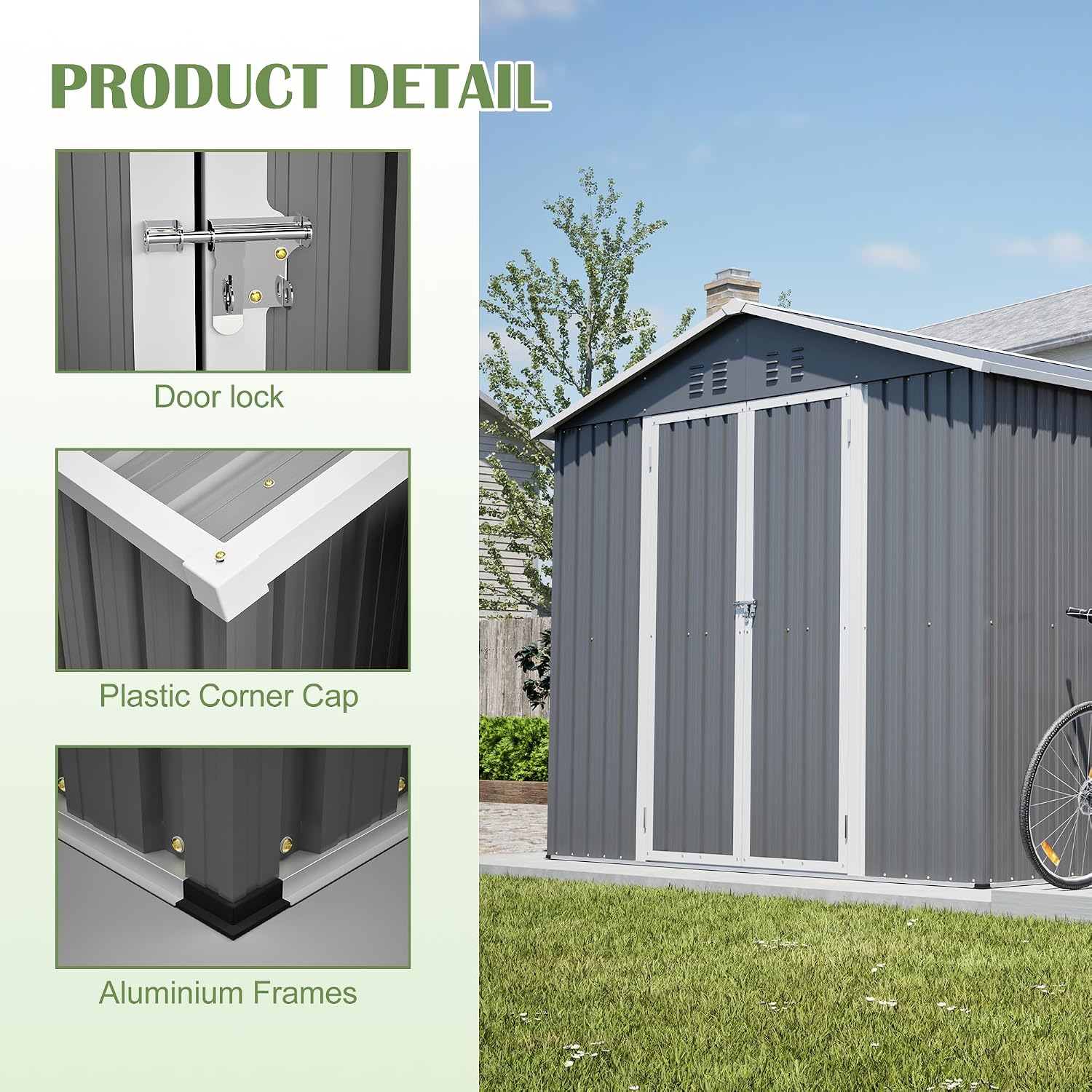 YOPTO 8x12 FT Metal Outdoor Storage Shed,Garden Shed W/ 2 Reversible Lockable Doors & Updated Frame Structure,Outdoor Backyard Tool House W/ 4 Air Vents & Sloped Roof,for Patio,Lawn,Grey