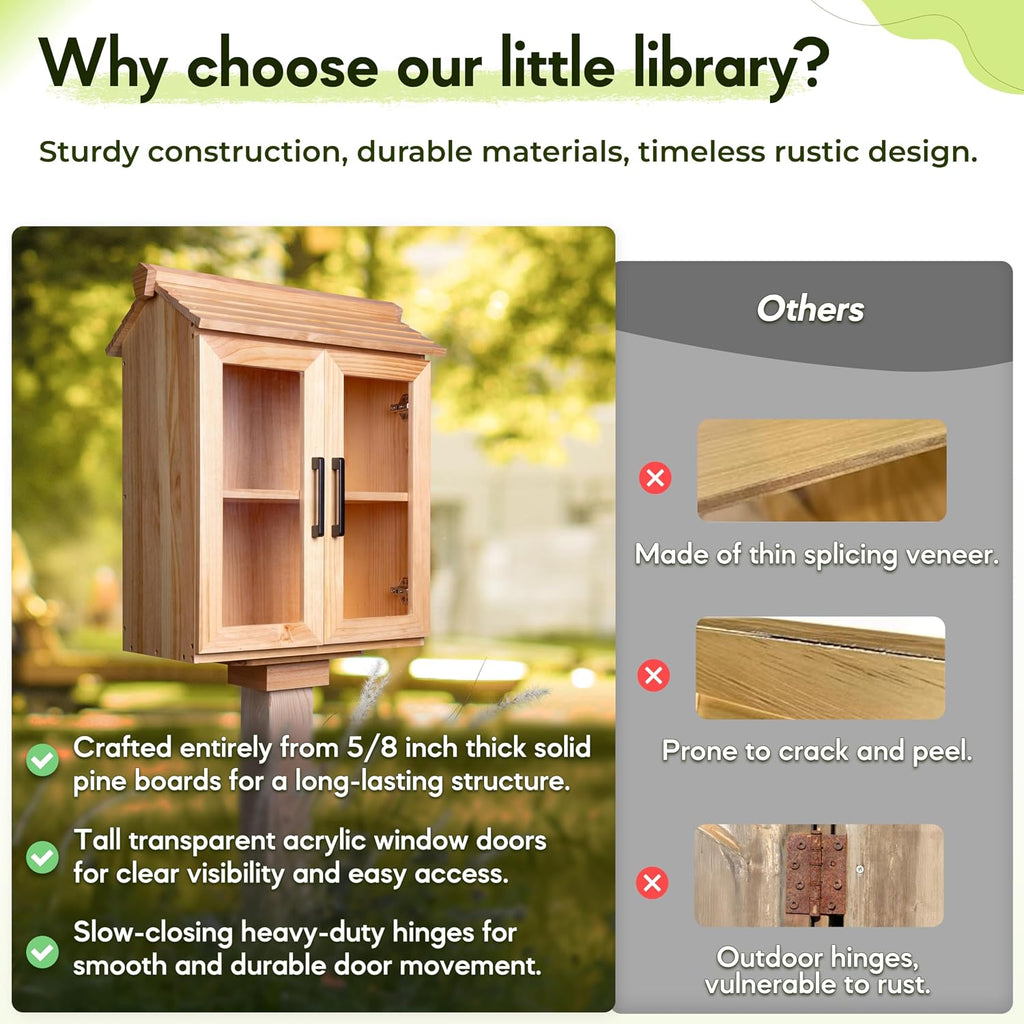 Little Library Box Outdoor Kit with Mount, 2-Tier Book Exchange Box (21×11×26 in), Waterproof Pine Little Free Library Kit with 2 Acrylic Doors, Outdoor Book Storage for Yards, Schools, Parks