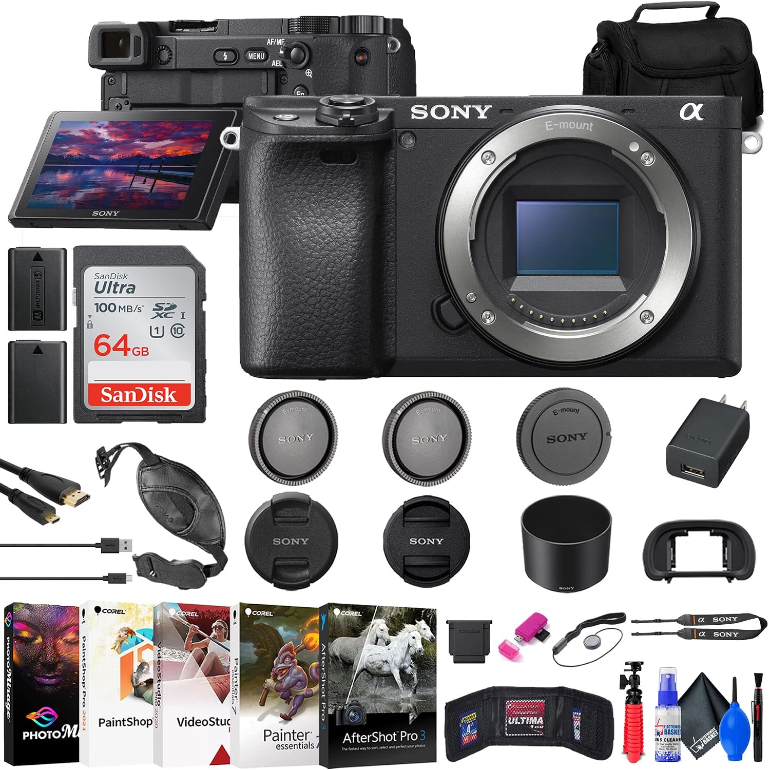 Sony a6400 Mirrorless Camera (ILCE-6400/B) + 64GB Card + NPF-W50 Battery + Card Reader + Corel Photo Software + HDMI Cable + Case + Flex Tripod + Hand Strap + Cap Keeper + More (Renewed)