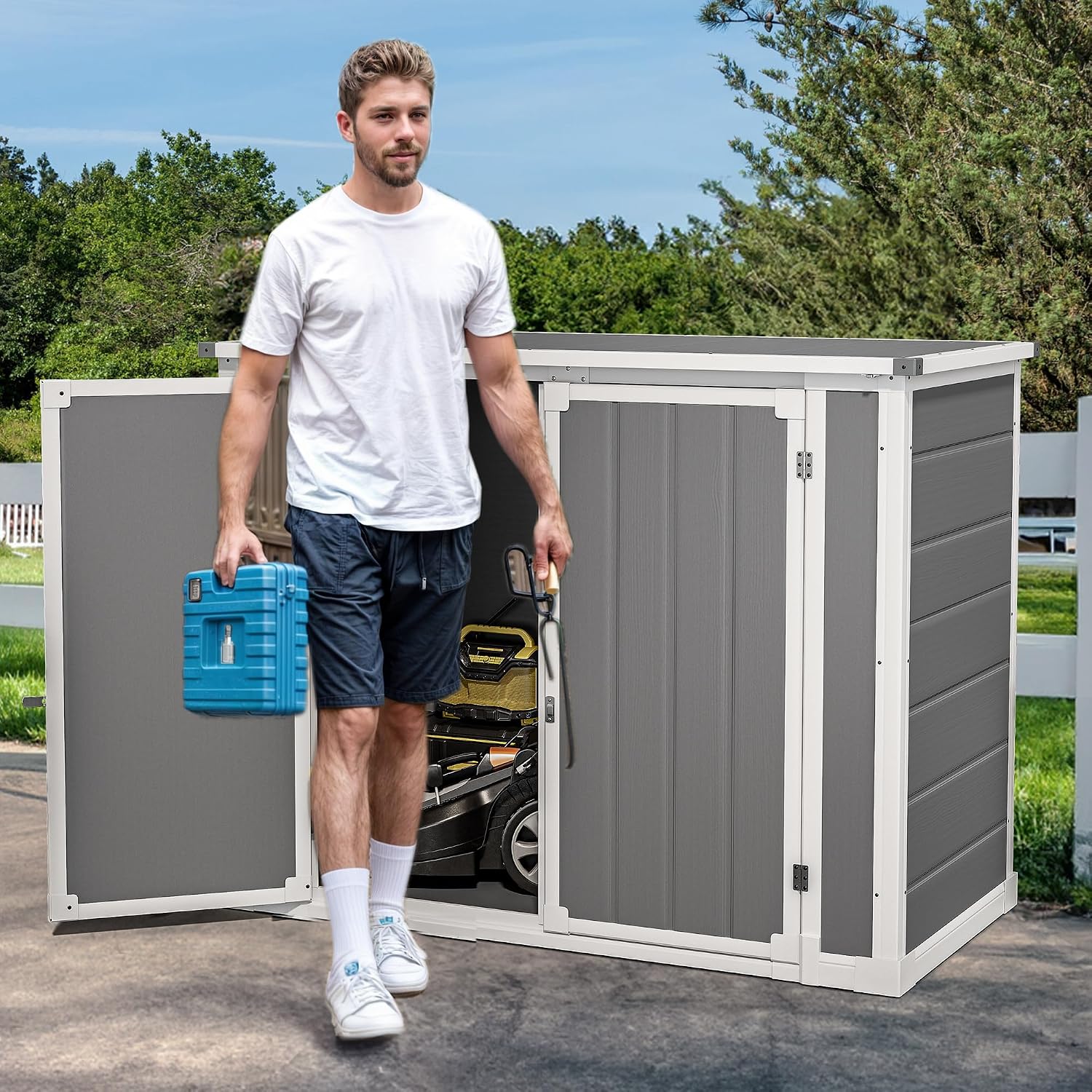 DWVO 41 Cu.ft Outdoor Storage Shed, 4.7x2.5 FT Horizontal Resin Tool Shed with Hydraulic Gas Rod and 3 Locks for Garden, Trash Cans, All-Weather Outdoor Storage, Lockable, Gray