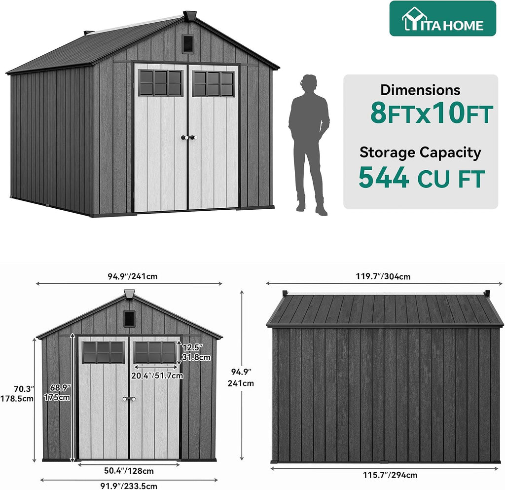 YITAHOME 8x10 FT Outdoor Storage Shed with Floor, Extra Thick Plastic Garden Shed for Bikes, Tools and Pool Supplies, Outdoor Resin Shed with Door Window Insert, Vents for Patio, Lawn, Backyard, Black