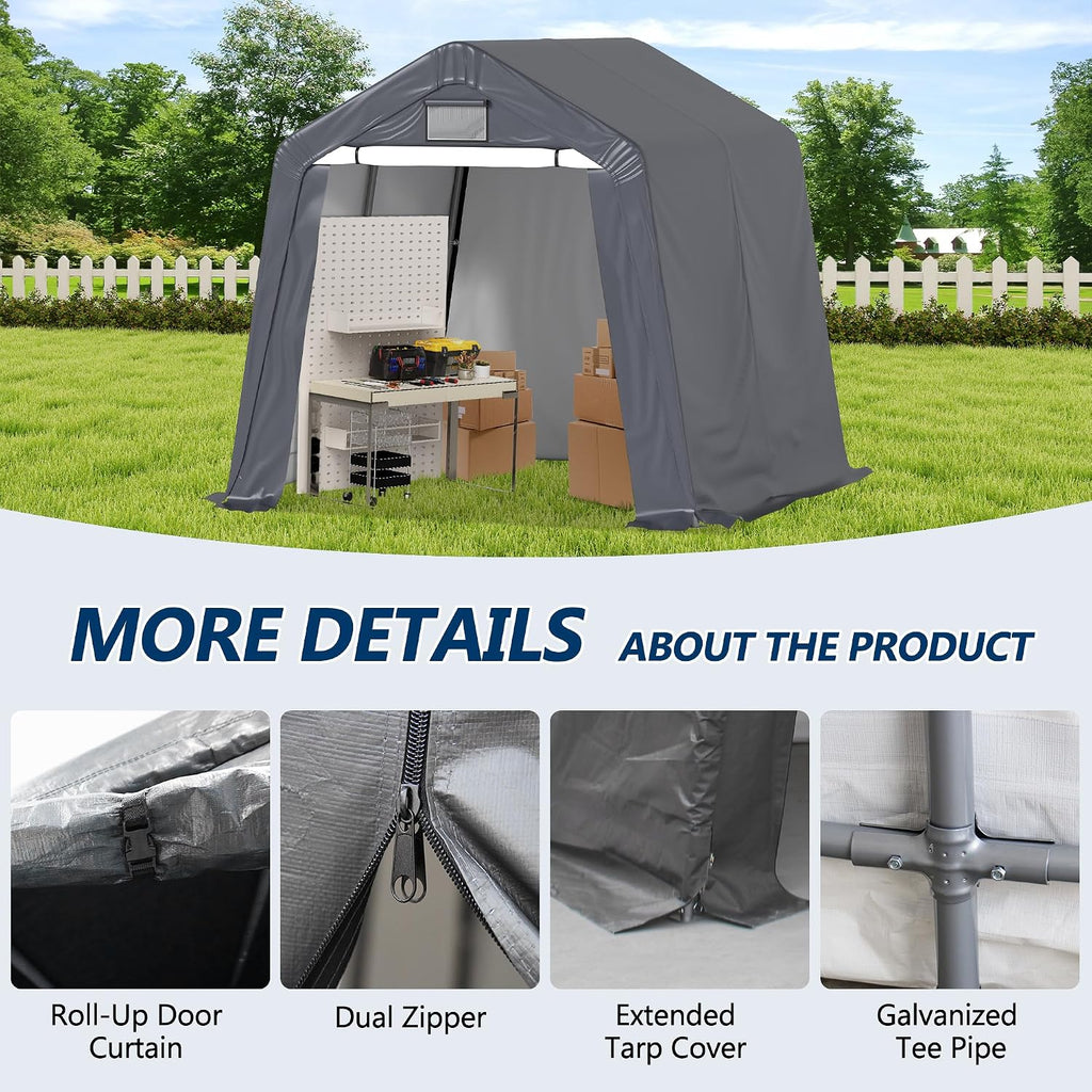 COVERONICS 8' x 8' Outdoor Storage Shed - Heavy Duty Portable Shelter Carport with Ventilation Windows and Roll-up Doors, Storage Shelter Tent for Motorcycle, Bike, Lawnmower and Garden Tools, Grey
