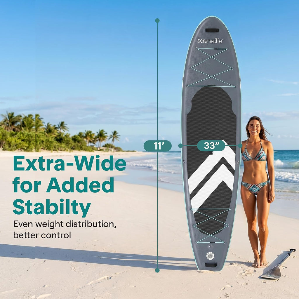 SereneLife Ultra-Light Inflatable Stand Up Paddle Board with Premium SUP Accessories - Extra Wide Stable Design with Non-Slip EVA Deck Pad for Youth and Adults of All Skill Levels - 350 lbs Capacity