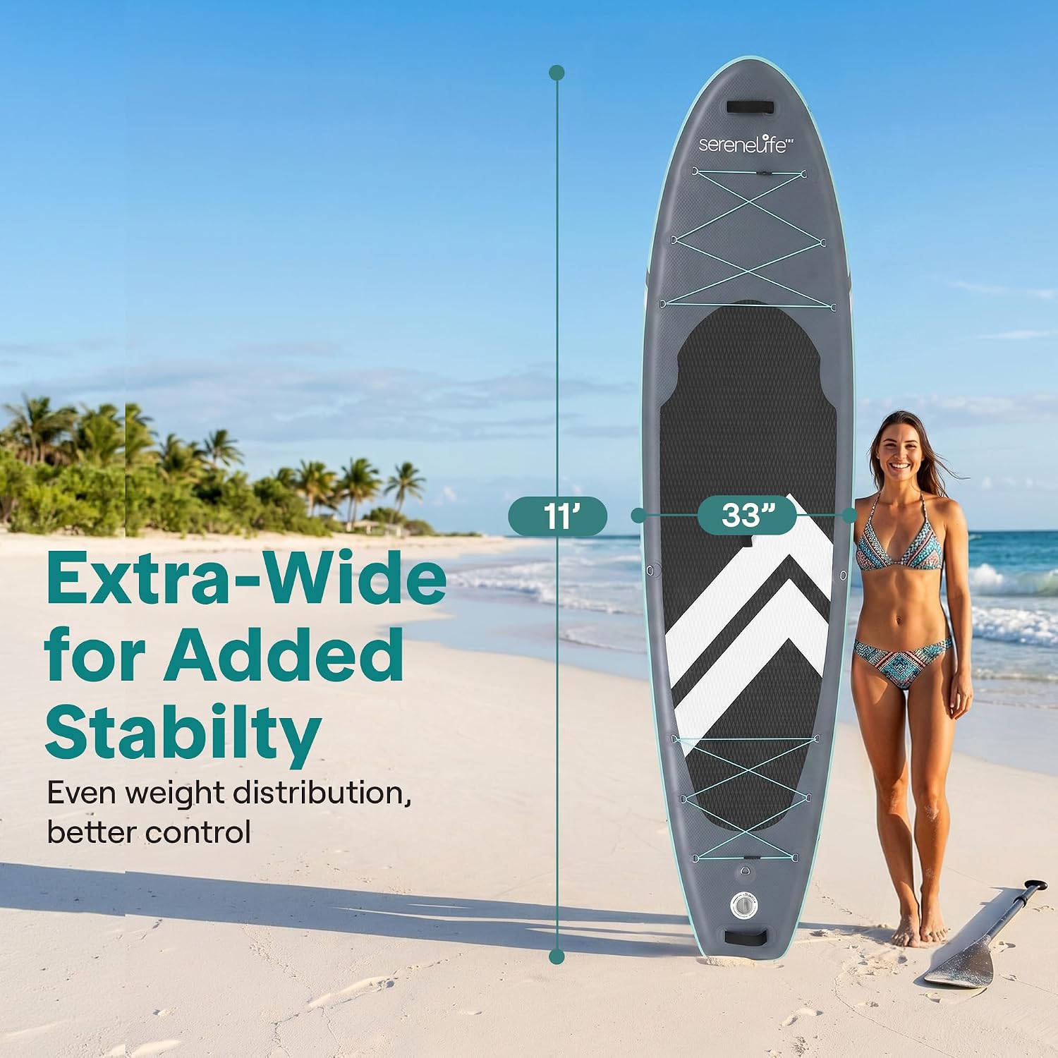 SereneLife Ultra-Light Inflatable Stand Up Paddle Board with Premium SUP Accessories - Extra Wide Stable Design with Non-Slip EVA Deck Pad for Youth and Adults of All Skill Levels - 350 lbs Capacity