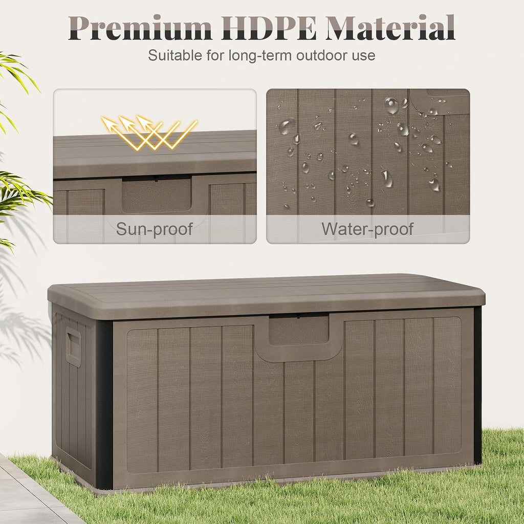 HAPPYGRILL Outdoor Storage Deck Box with Lockable Design & Gas Strut, Handle, 100 Gallon HDPE Patio Storage Organizer for Lawn Backyard Poolside (Brown)