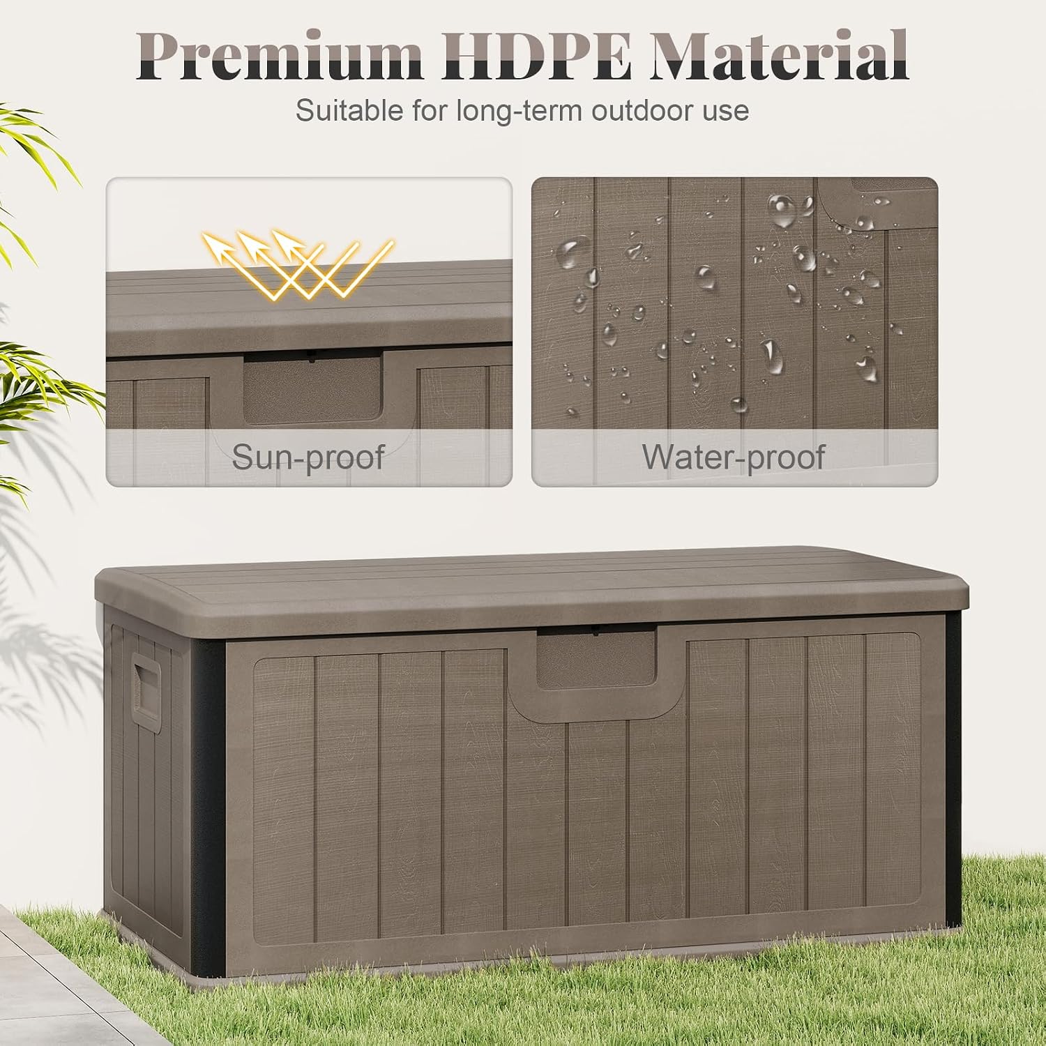 HAPPYGRILL Outdoor Storage Deck Box with Lockable Design & Gas Strut, Handle, 100 Gallon HDPE Patio Storage Organizer for Lawn Backyard Poolside (Brown)