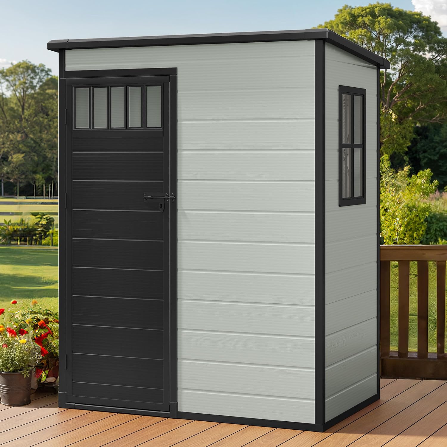 DWVO 5x3FT Outdoor Storage Shed with Fence-Style and Side Windows, Floor, Lockable Doors, Plastic Storage for Backyard and Garden, Blue-Gray
