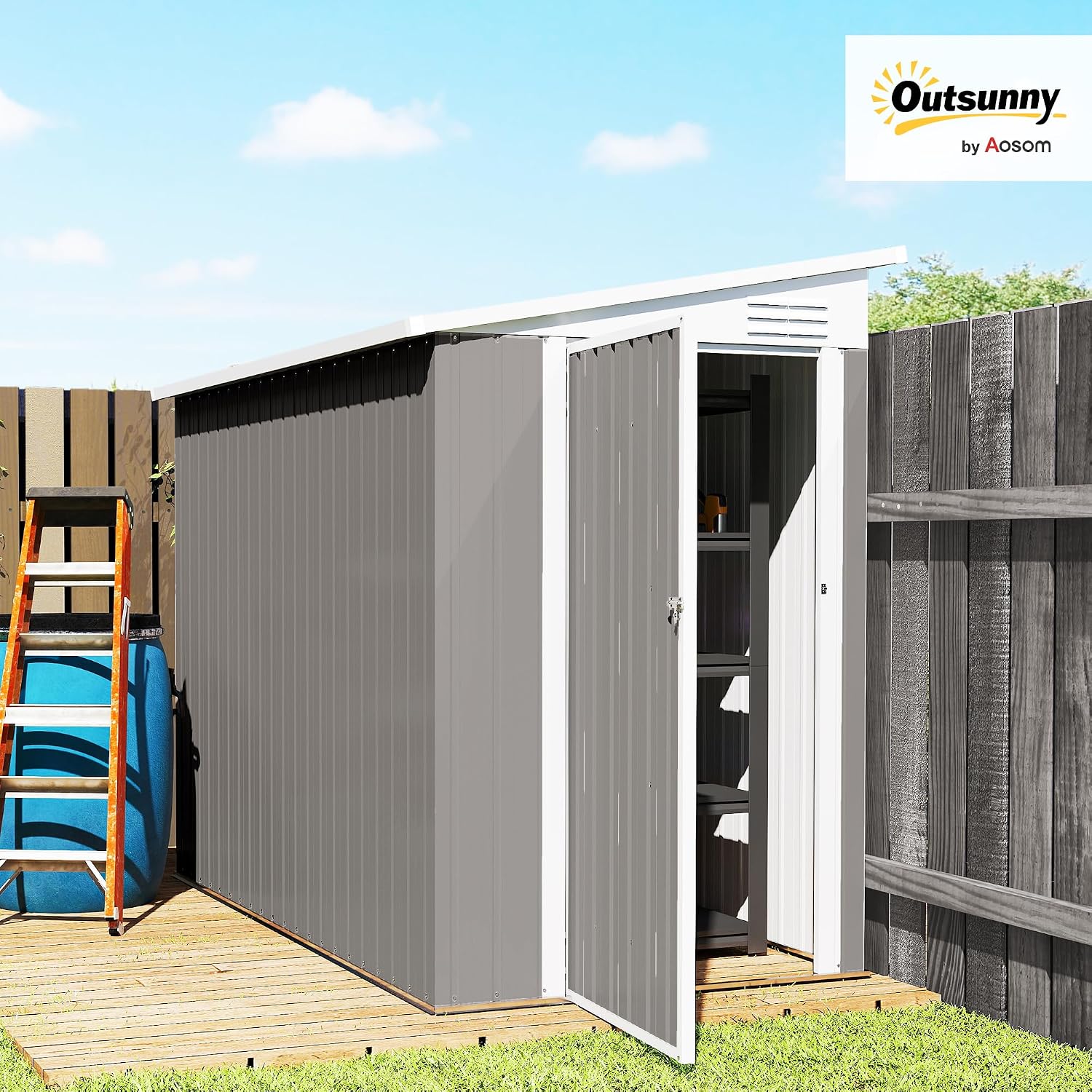 Outsunny 4' x 8' Metal Outdoor Storage Shed, Lean to Storage Shed, Garden Tool Storage House with Lockable Door and 2 Air Vents for Backyard, Patio, Lawn, Light Gray