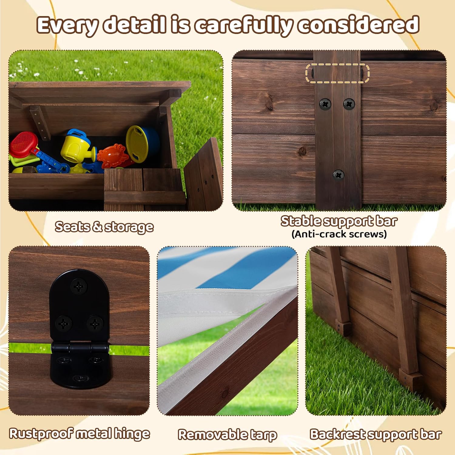 Kids' Outdoor Wooden Sandbox with Id,Sand Box with Toy Storage Box,Kids Play Equipment Sand Protection Bottom Liner Included 47X47in. (Brown)