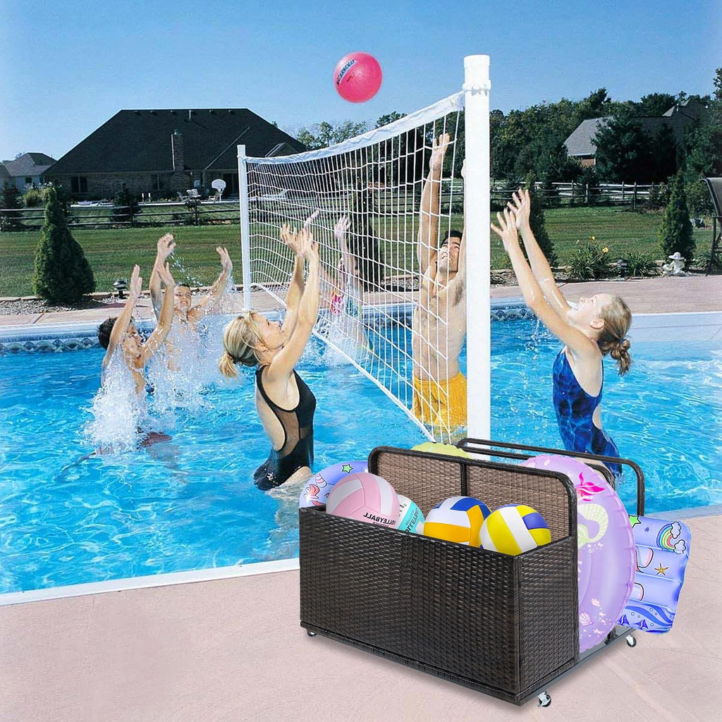 Double Layer Poolside Float Storage, Outdoor Storage, PE Rattan Outdoor Pool Caddy with Rolling Wheels for Floaties, Patio Poolside Float Storage Basket, Storage Box, Patio, Pool, Beach-Sturdy
