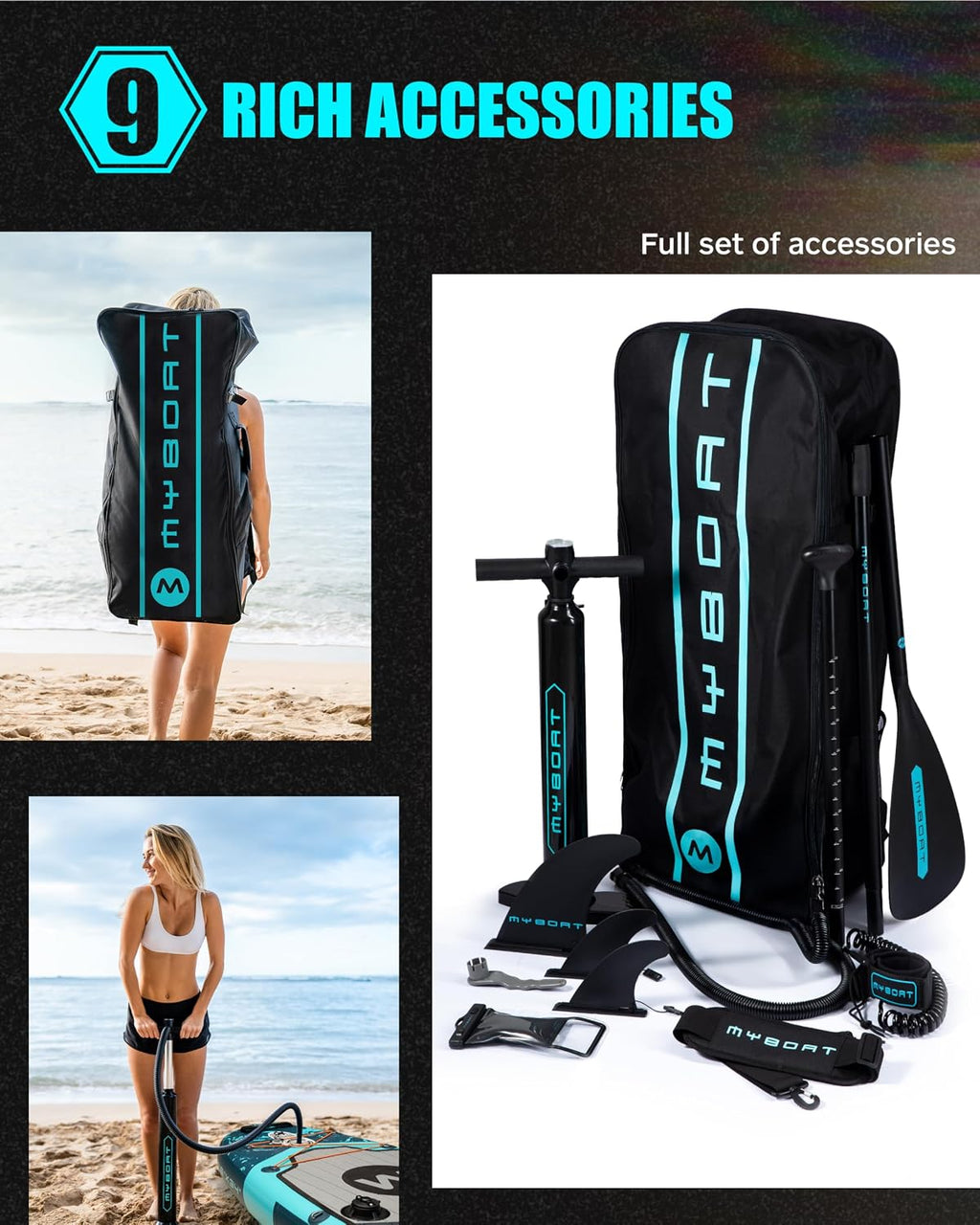 MYBOAT 11'6'×34'×6' Extra Wide Inflatable Paddle Board, Stand Up Paddle Board for Fishing, Sup Board with 3 Removable Fins, Dual Bungees, Camera Mount, Hand Pump, Strong Paddle,Leash