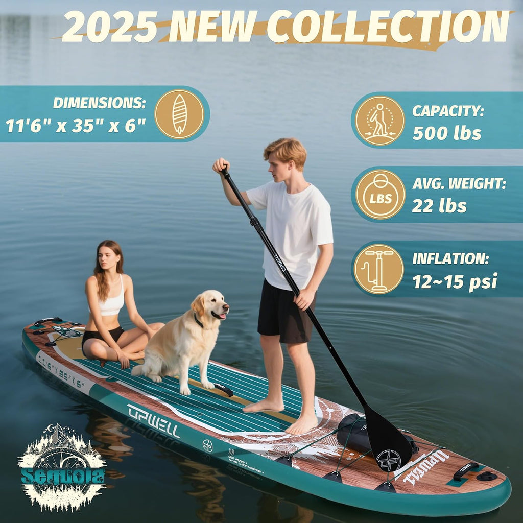 UPWELL 10'6'/11'/11'6' Inflatable Paddle Board, Stand Up Paddlboard for Youth & Adults, Stable Design, Premium SUP Accessories, Backpack, Leash, Hand Pump, Fins
