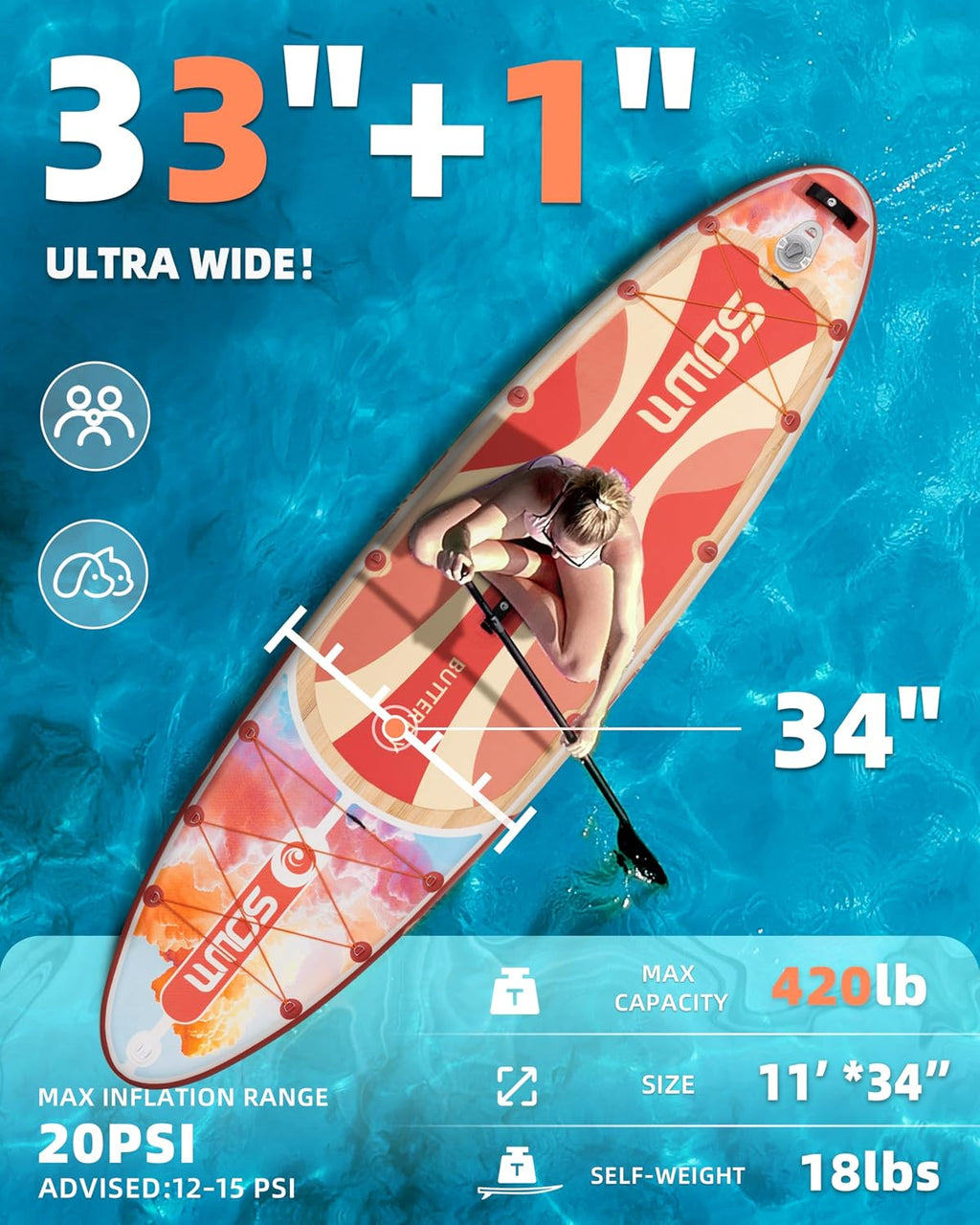 11'*33'/34' Inflatable Stand Up Paddle Board for Beginners,400/420lbs Capacity, Anti-Slip EVA Deck, Includes Adjustable Paddle, Pump, Backpack & SUP Accessories for Surfing, Fishing, Yoga & More