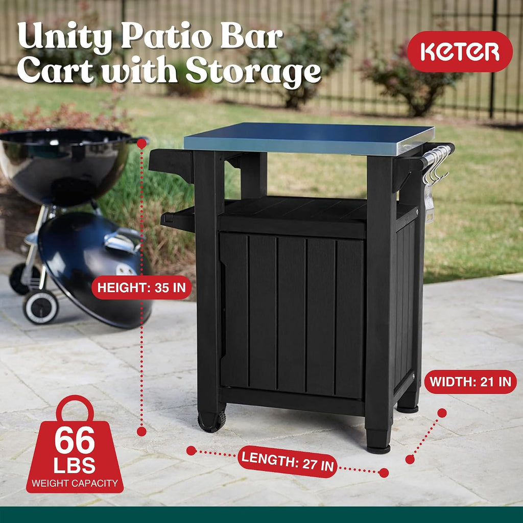 Keter Unity Portable Outdoor Table and Storage Cabinet with Hooks for Grill Accessories-Stainless Steel Top for Patio Kitchen Island or Bar Cart
