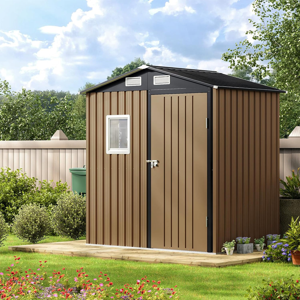 MistMo 6X4FT Outdoor Steel Storage Shed with Lockable Doors, One Window,Ideal for Garden, Backyard, Patio Storage,Brown