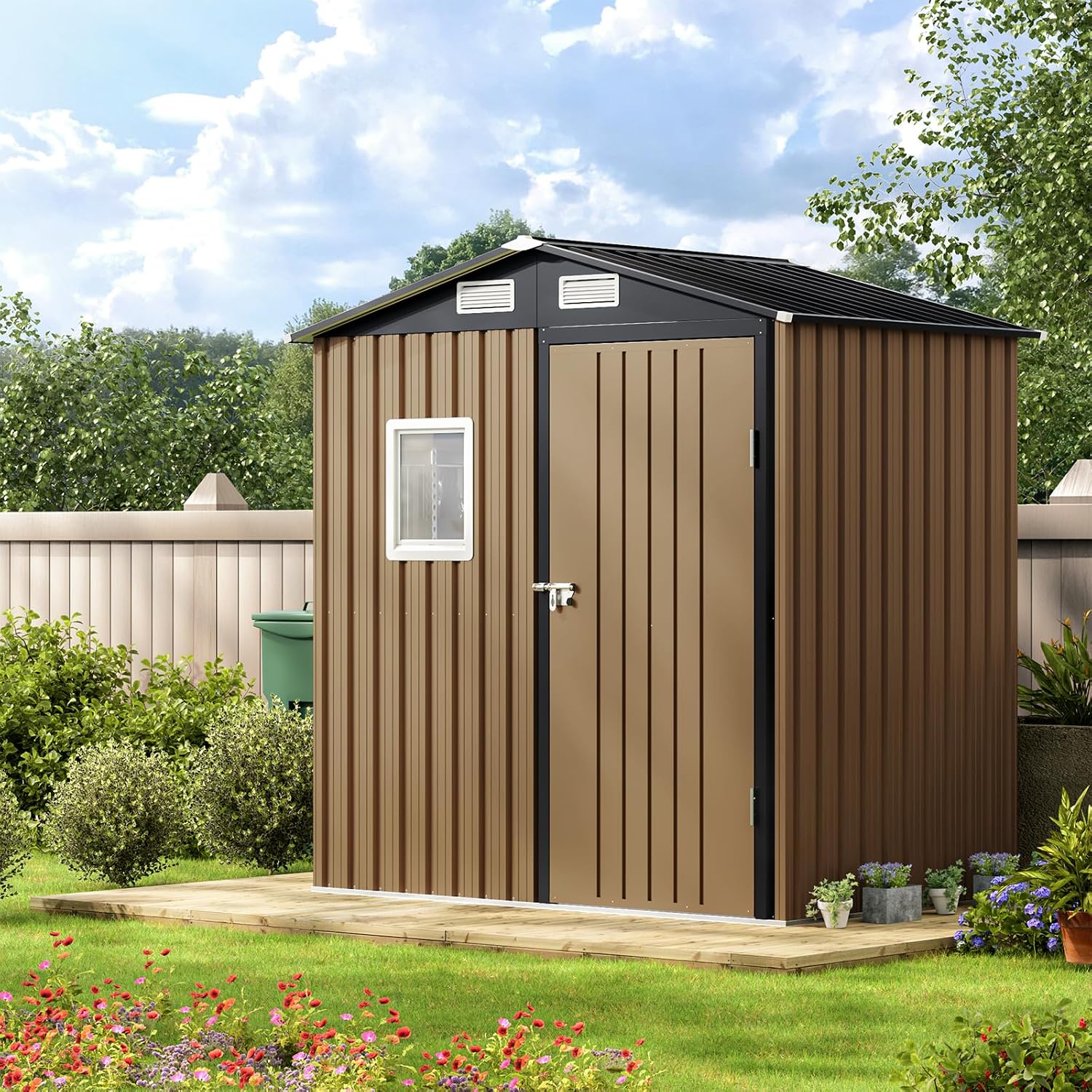 MistMo 6X4FT Outdoor Steel Storage Shed with Lockable Doors, One Window,Ideal for Garden, Backyard, Patio Storage,Brown