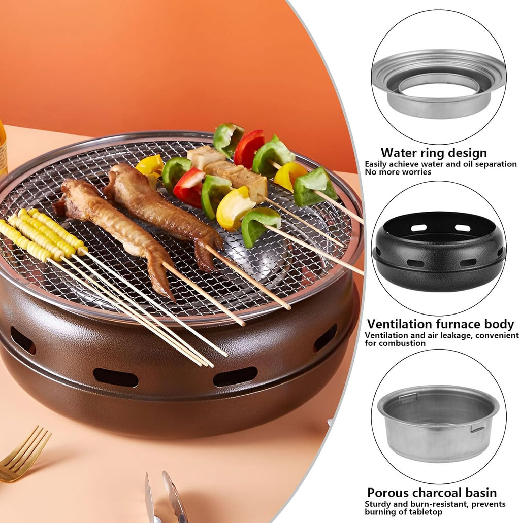 AIZYR Cast Iron BBQ Grill Portable Charcoal Barbecue Grill, Tabletop Outdoor Camping Grill Round Carbon Grill Stove for Patio Garden Travel,Large