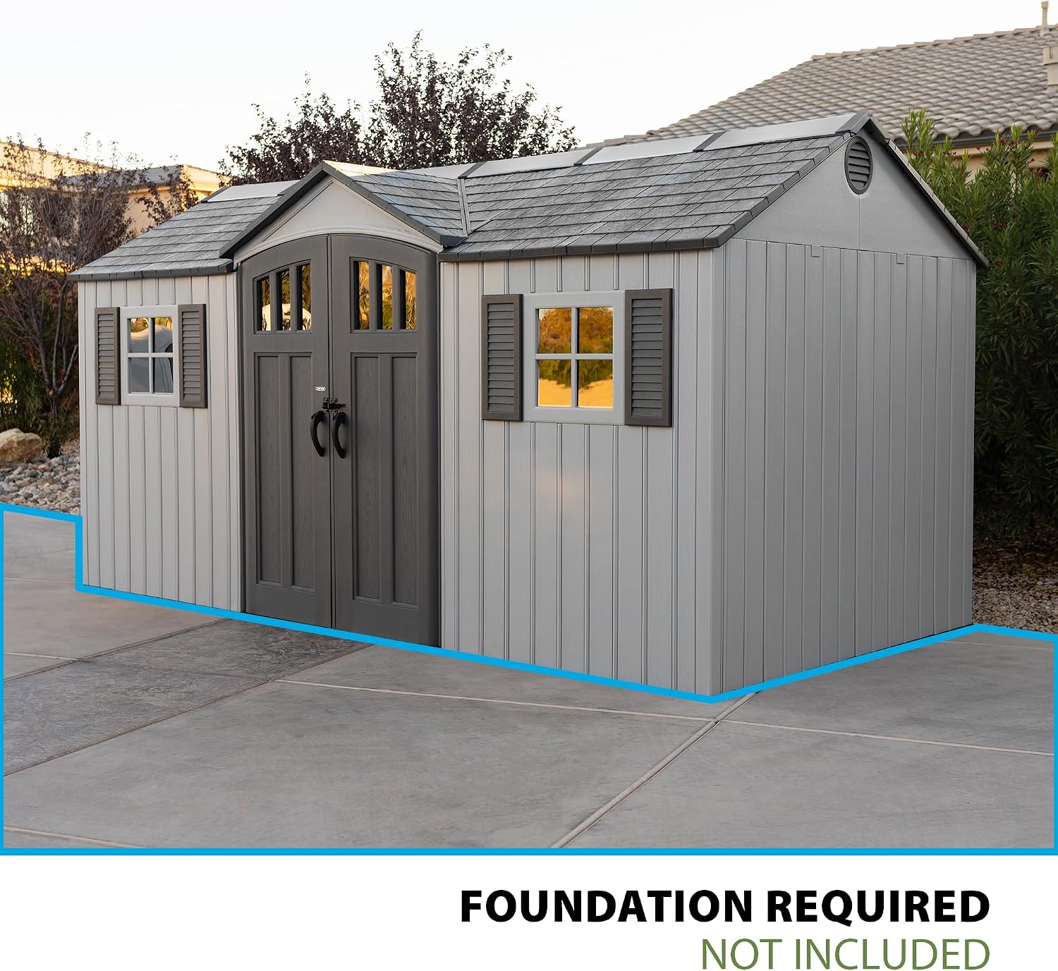 Lifetime Outdoor Storage Shed, 15x8 Ft, Gray, Resin Backyard Tool Shed with Lockable Doors and Weather-Resistant Panels