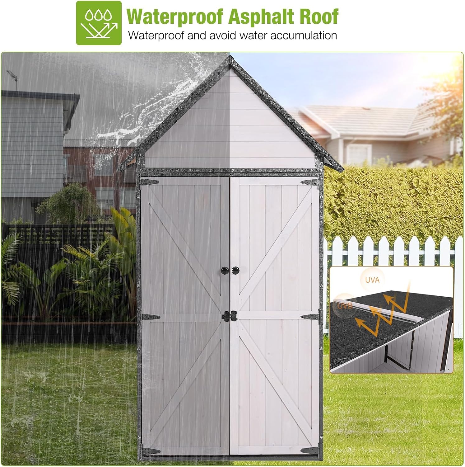 Outdoor Storage Sheds, Wooden Garden Cabinet with Metal Frame and Adjustable Shelves, Large Outdoor Shed with Floor, for Patio, Lawn and Backyard (White)