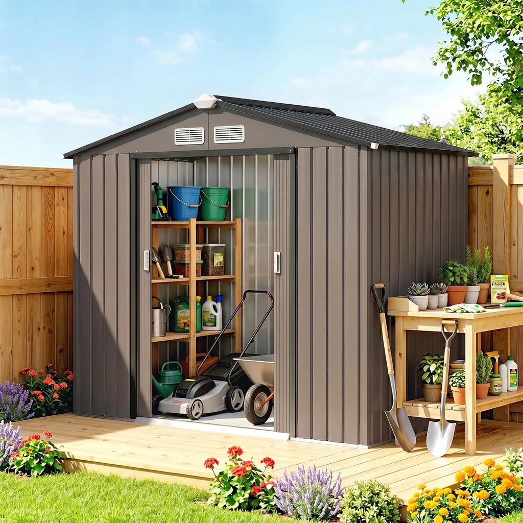 Outsunny 7' x 4' Outdoor Storage Shed, Garden Tool Metal Shed with Foundation Kit, Double Lockable Door, Air Vents and Sloping Roof, for Backyard, Patio, Lawn, Brown