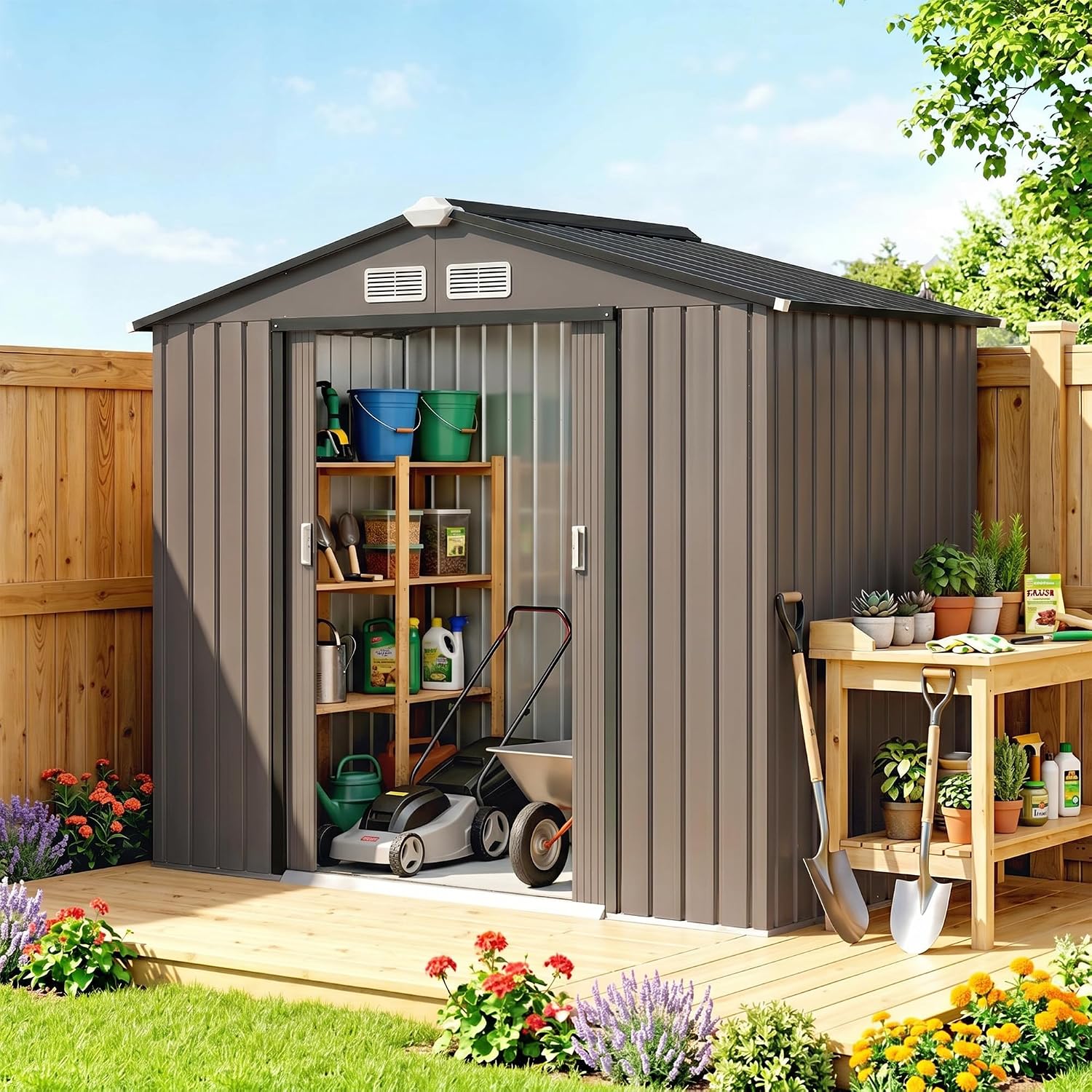 Outsunny 7' x 4' Outdoor Storage Shed, Garden Tool Metal Shed with Foundation Kit, Double Lockable Door, Air Vents and Sloping Roof, for Backyard, Patio, Lawn, Brown