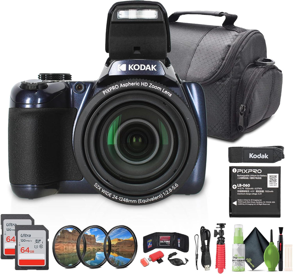 Kodak Pixpro AZ528 Digital Camera (Blue) Bundle Including: 2X 32 GB Memory Card, Medium Case, Filter Kit, Card Reader, Hand Strap, Card Wallet, Hand Strap, Flexible Tripod