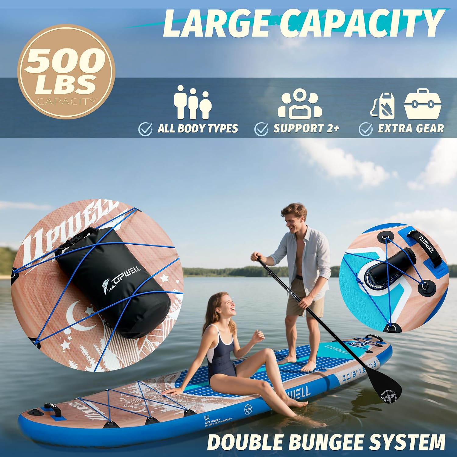 UPWELL 10'6'/11'/11'6' Inflatable Paddle Board, Stand Up Paddlboard for Youth & Adults, Stable Design, Premium SUP Accessories, Backpack, Leash, Hand Pump, Fins
