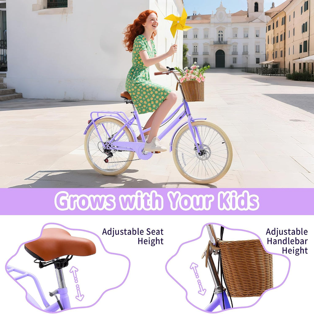 DEYGIA Kids Bike, Retro Cruiser Bike for Girls, 20 24 Inch 7-Speed Kids Bicycles for Ages 6-14 Girls Youth with Rattan Basket, Dual-Disc Brake Carbon Steel Frame Lightweight Bicycle, Multiple Colors