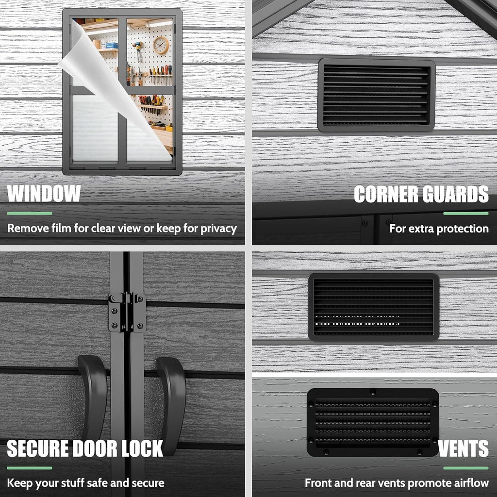 EHHLY Outdoor Storage Shed 6x4.4 FT, Resin Shed with Floor, Window & Vents, Waterproof Plastic Shed with Lockable Door for Backyard, Patio, Lawn, Gray