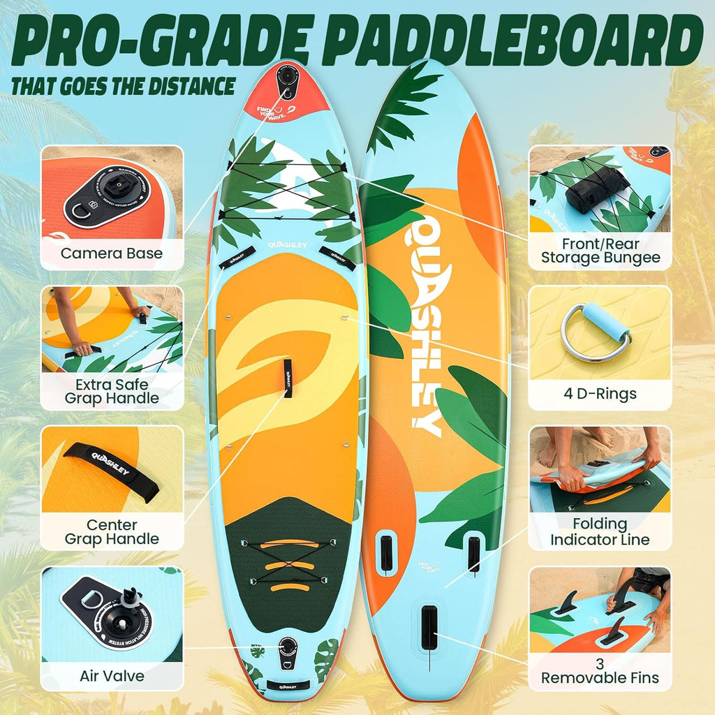 Quashley Inflatable Paddle Board Extra Wide Stand Up Paddleboards 11'×34' with All Premium Paddle Board Accessories,Inflatable SUP for Adults/Family,Beginner-Friendly,Removable Fin,Hand Pump
