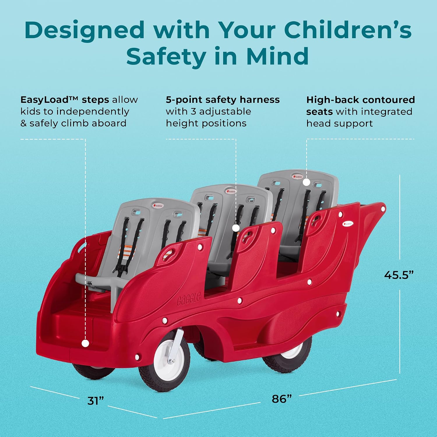 Gaggle by Foundations Parade 6 Seat Buggy Stroller | 6 Passenger Buggy for Kids | 6 Seat Daycare Stroller with 5-Point Safety Harness | EasyLoad Steps | SoftStop Brake | Ergonomic Push Handle | Red