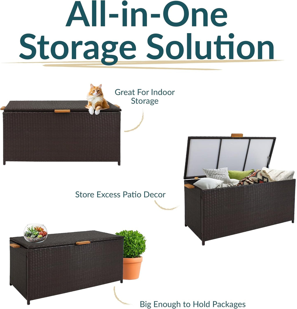 Sunnydaze Faux Wicker Storage Box - Outdoor Deck Box with Handles - 75-Gallon Front Door Package Delivery Box with Hinged Lid - Brown