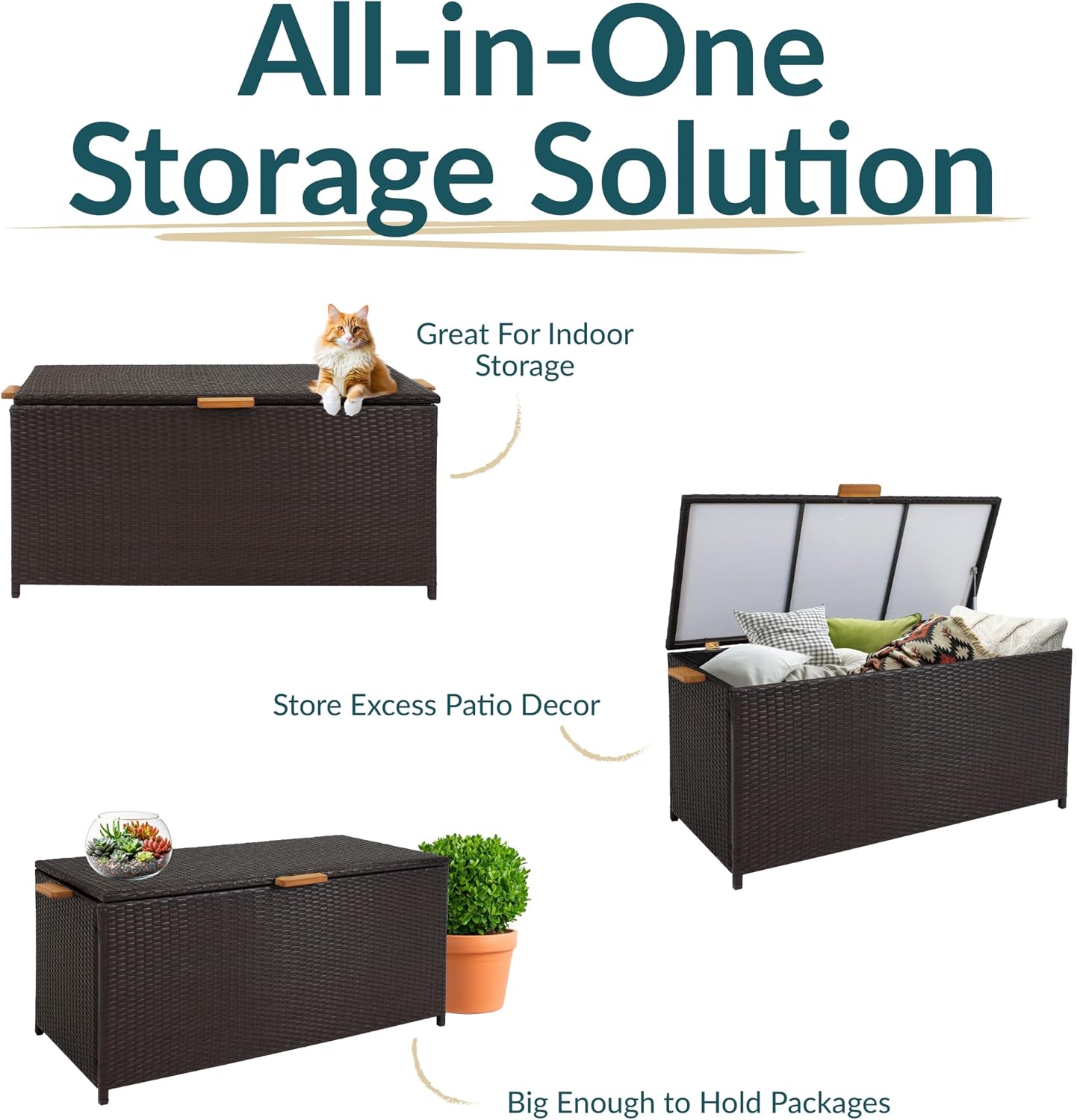 Sunnydaze Faux Wicker Storage Box - Outdoor Deck Box with Handles - 75-Gallon Front Door Package Delivery Box with Hinged Lid - Brown