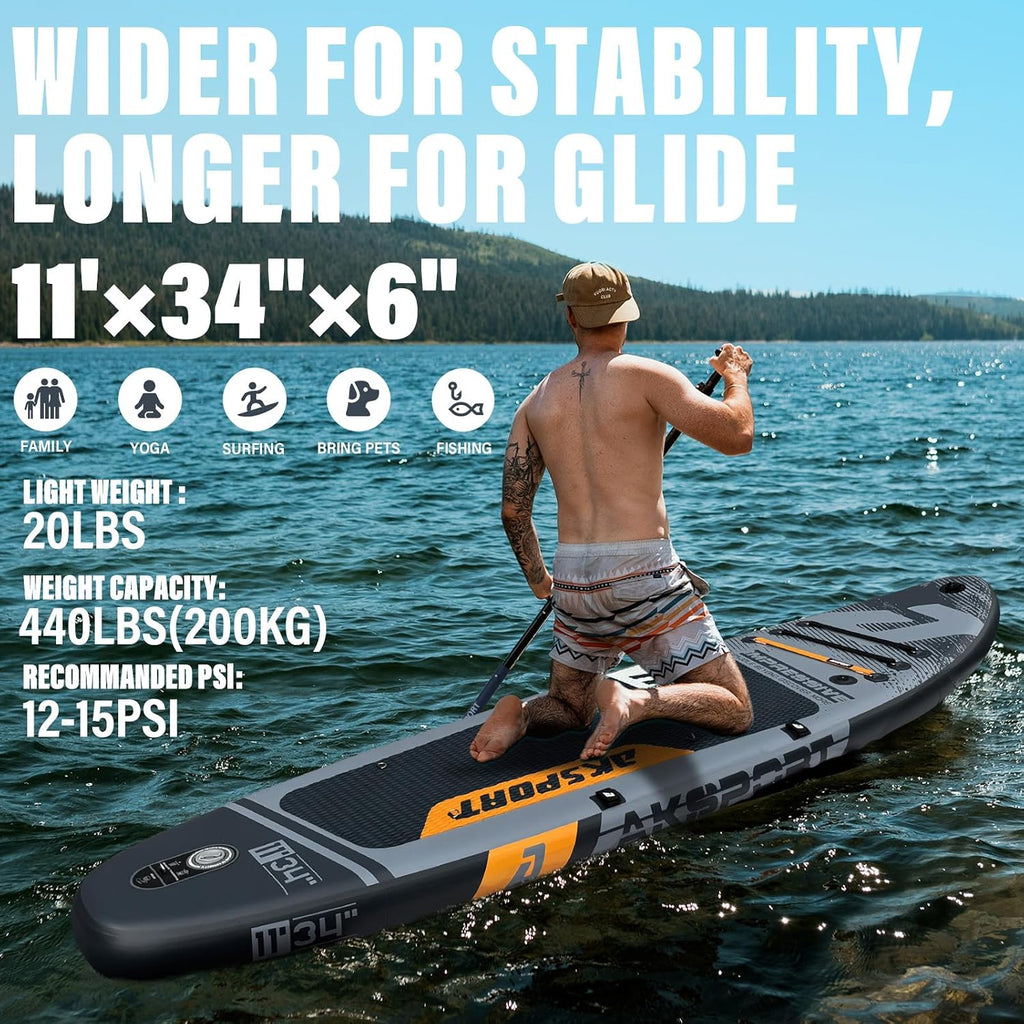 AKSPORT 11' Inflatable Stand-Up Paddle Board with Upgraded SUP Accessories Kit | Extra Wide 34' Design | Non-Slip Deck | Premium SUP Board for Adults & Youth of All Levels