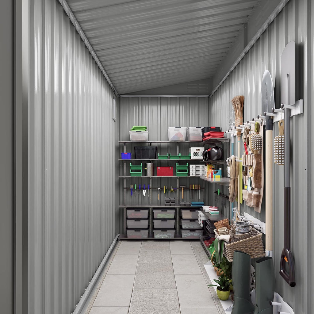 4x9 ft Lean to Shed, Outdoor Storage Shed with Lockable Single Door and Window, Metal Storage Sheds with Sloping Roof and 2 Vents, Outside Garden Tool Sheds for Backyard, Patio (Grey)