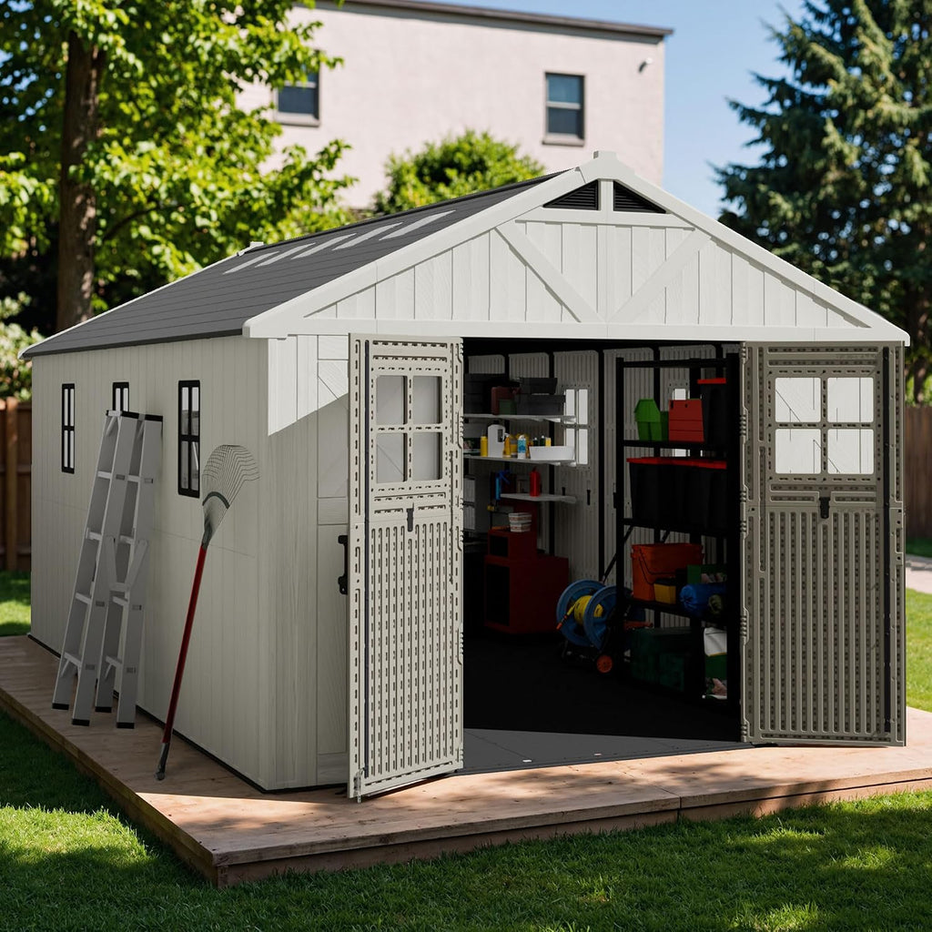 Devoko 10x16 FT Resin Outdoor Storage Shed with Floor, Plastic Tool Garden Shed, Beige