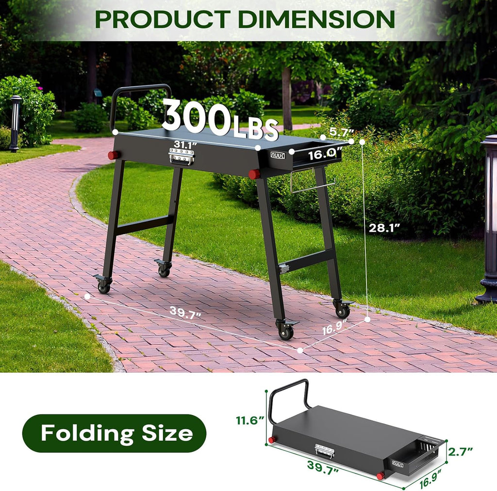 NUUK 31'x17' Heavy Duty Folding Grill Table Cart with Locking Wheels Side Shelves 300LBS Capacity for Griddles Pizza Ovens Outdoor Cooking Perfect for Outdoor Countertop and Grill Prep Table Use