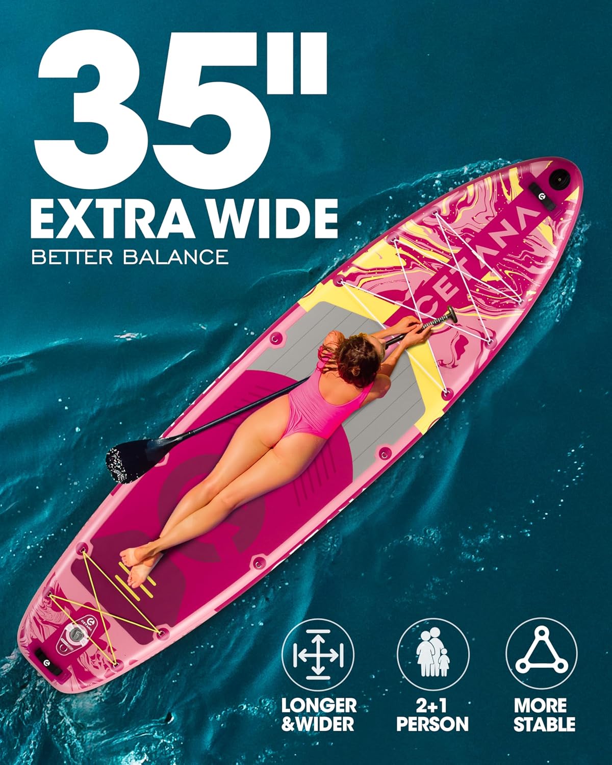 CETANA 11'6×35' Extra Wide Stand Up Paddle Board for Adults & Youth, 400lb Capacity Inflatable Paddle Board, Sup for 2+1 Person with Removable US Fin, 100L Backpack, Floating Paddle, Safety Leash