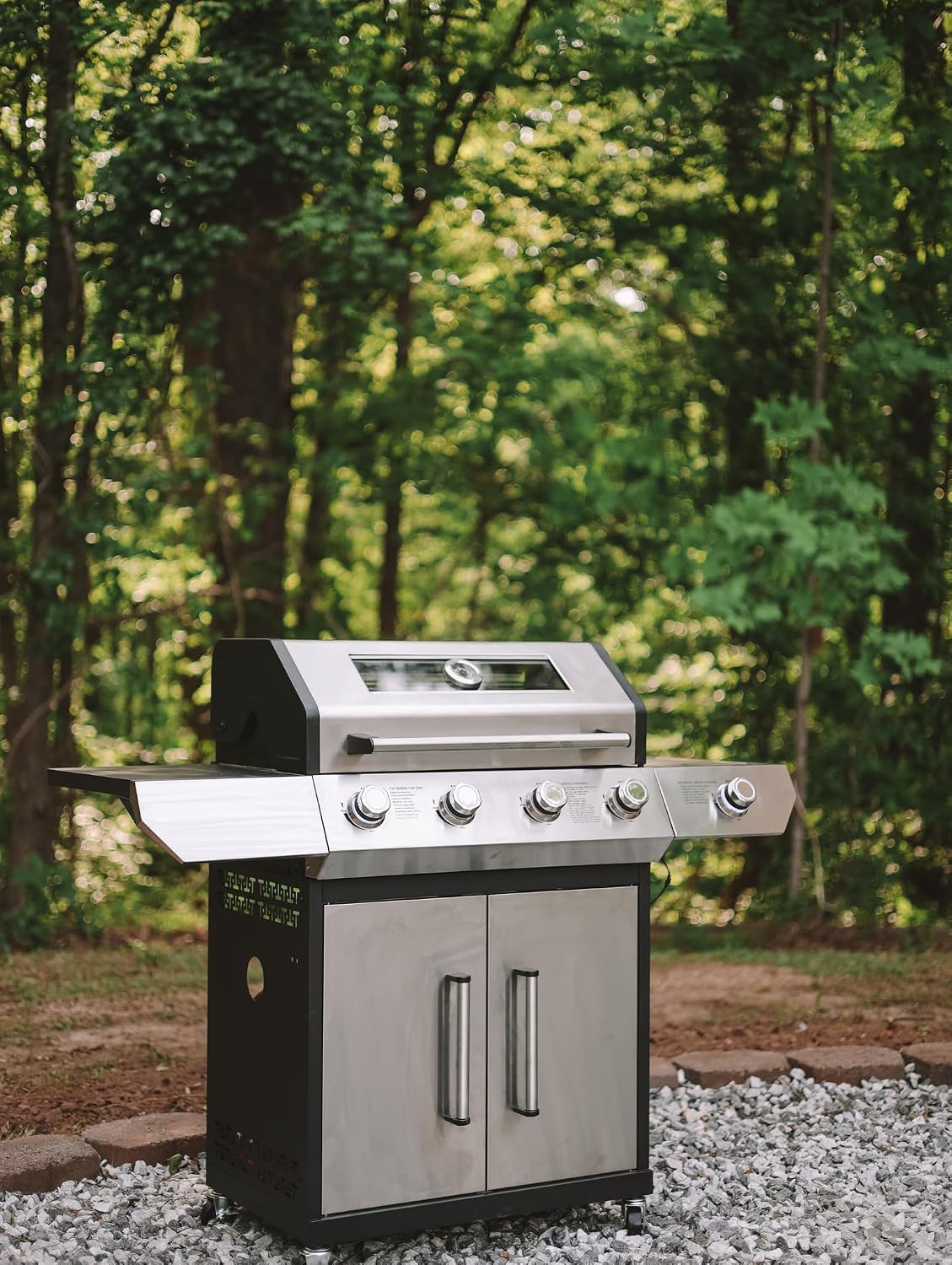 4 Led Burner Propane Gas Grill with Side Burner & & Visual Glass, Stainless Steel Gas Grill with Enameled Cast Iron Grates, 60,000 BTUs Output for Outdoor Cooking and Patio Backyard Barbecue