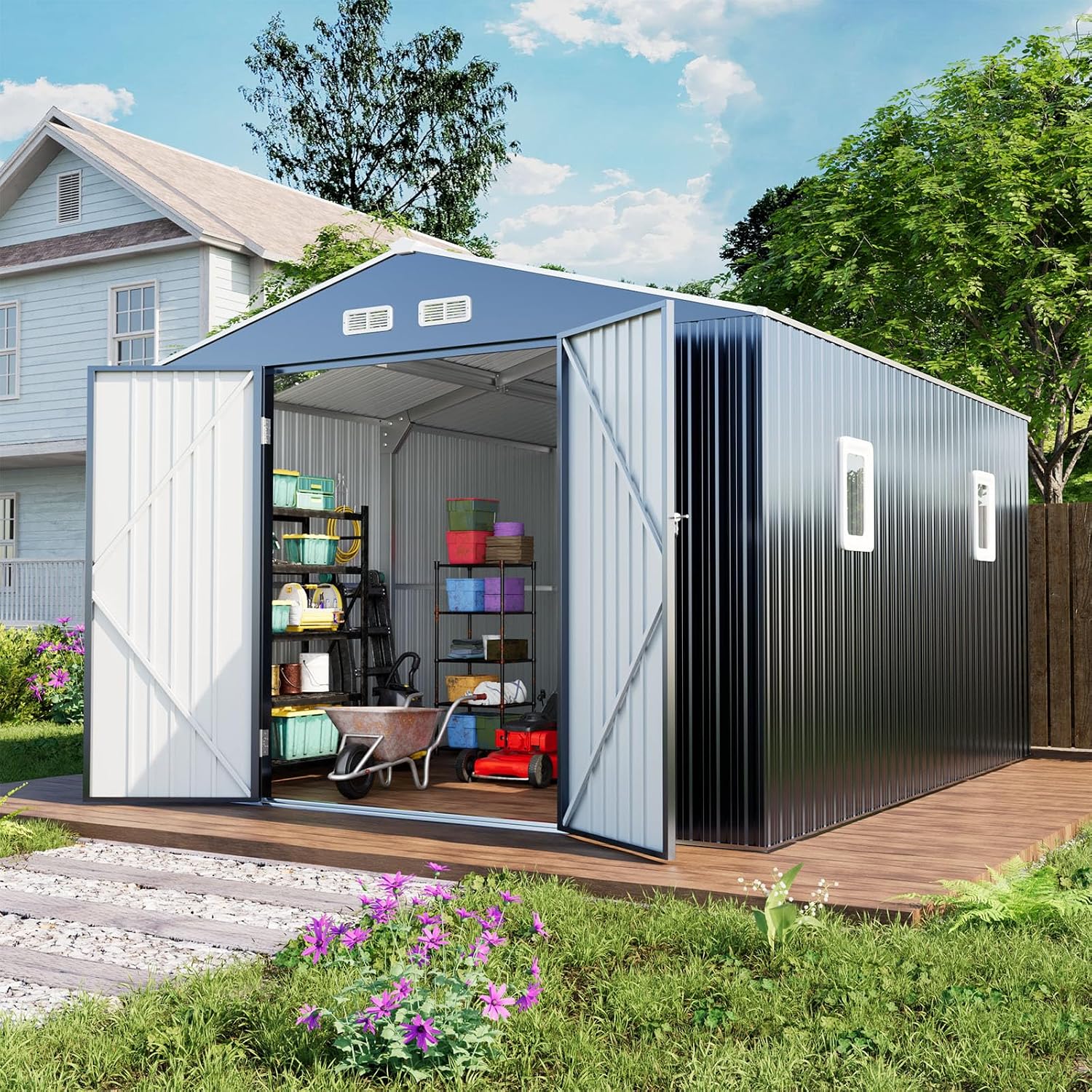 WACASA 10x12 FT Metal Shed with Base Frame Floor Kit | Heavy-Duty Military-Grade 20-Gauge Reinforced Frame with Powder Coating | 50 PSF Snow Load & 120 MPH Wind Rated | Skylight Tiny House Building